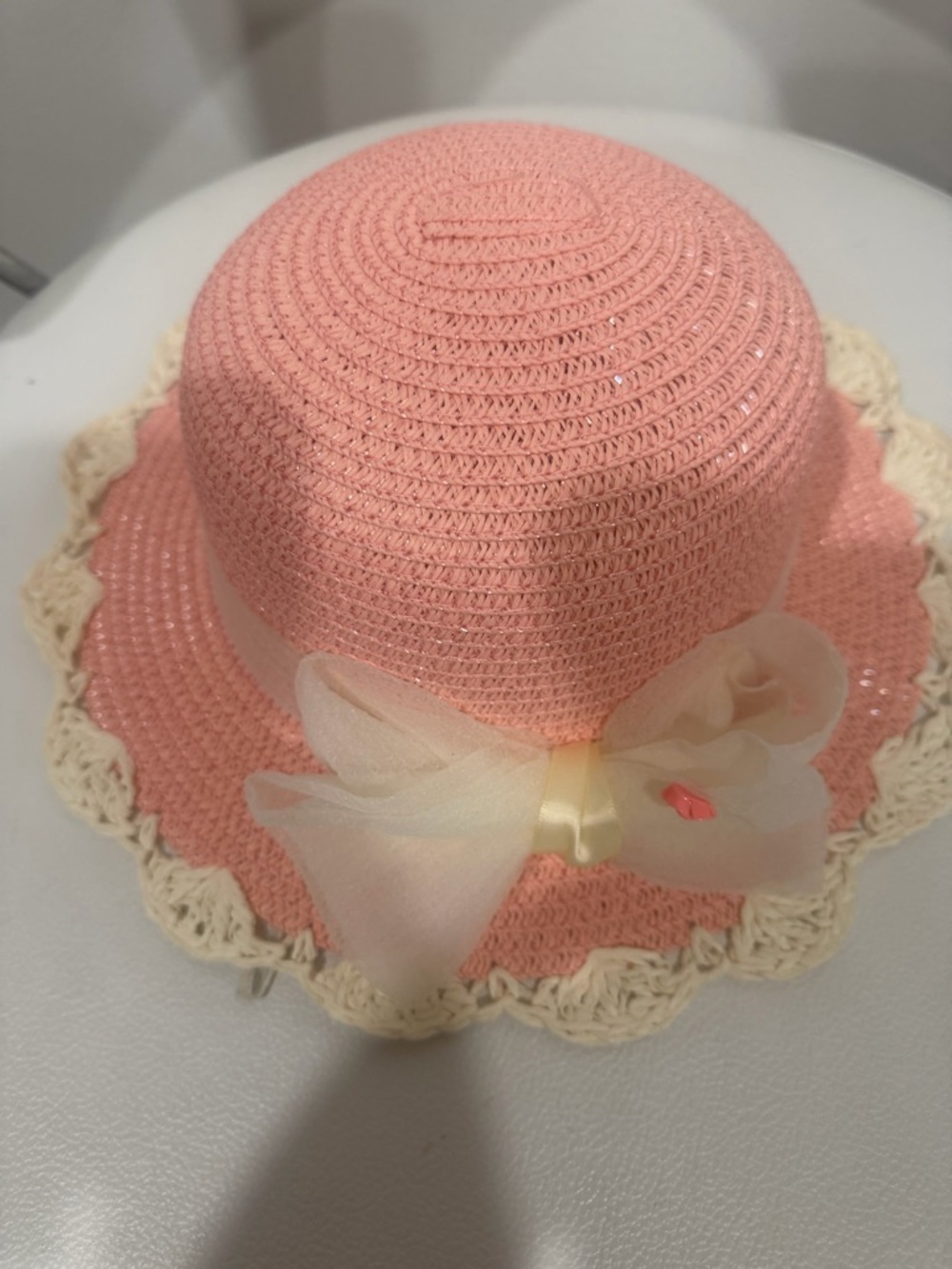 Pink  Sun Hat with Cream Trim and Bow